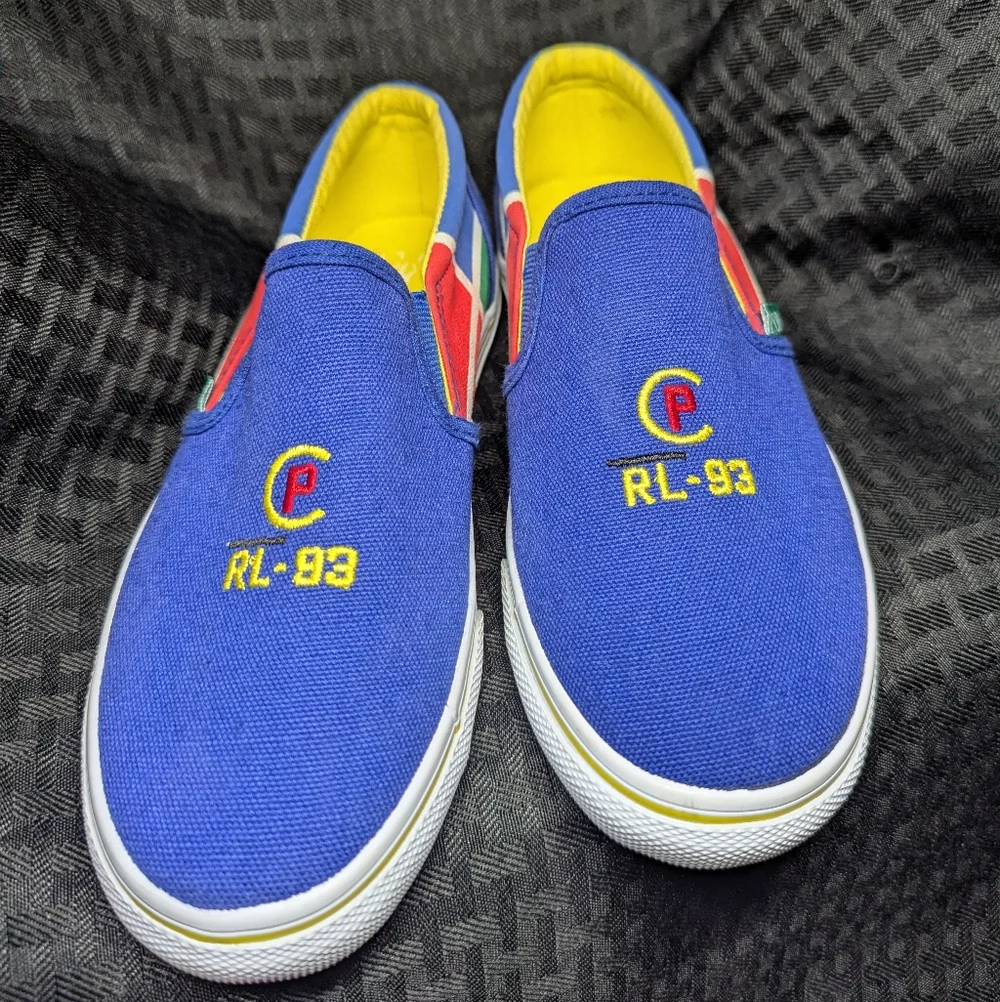 Blue And Yellow Ralph Lauren Polo Slip-On Sneakers with Embroidered RL-93 Logo.